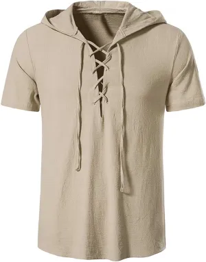Mens Summer Cotton Linen Hoodie Fashion Drawstring T Shirts Trendy Short Sleeve Linen Tops Vacation Going Out Outfit