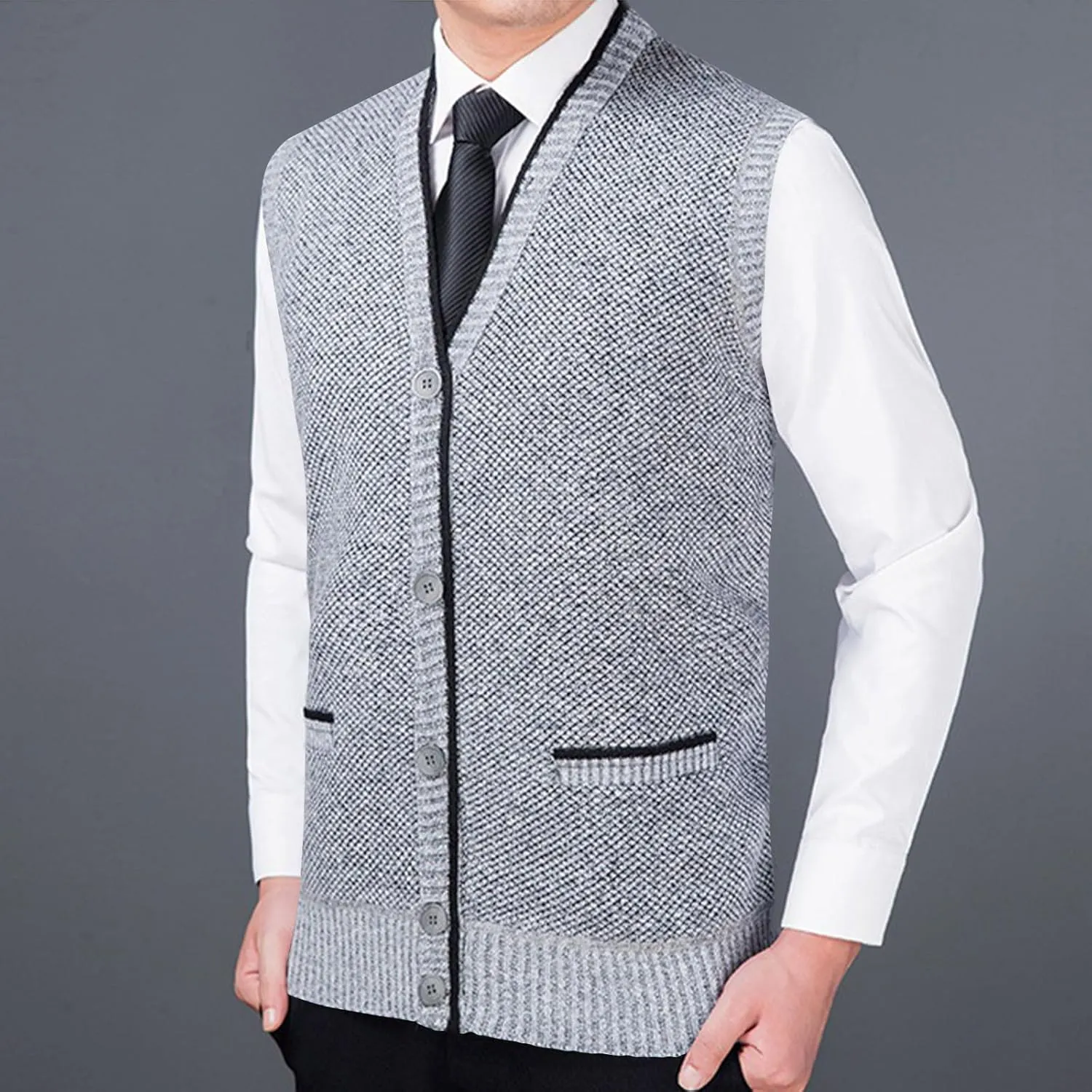 Men's Sweater Dress Suit Vest Formal Knit Waistcoat Vest Button V Neck Lightweight Slim Casual Business Dress Vest