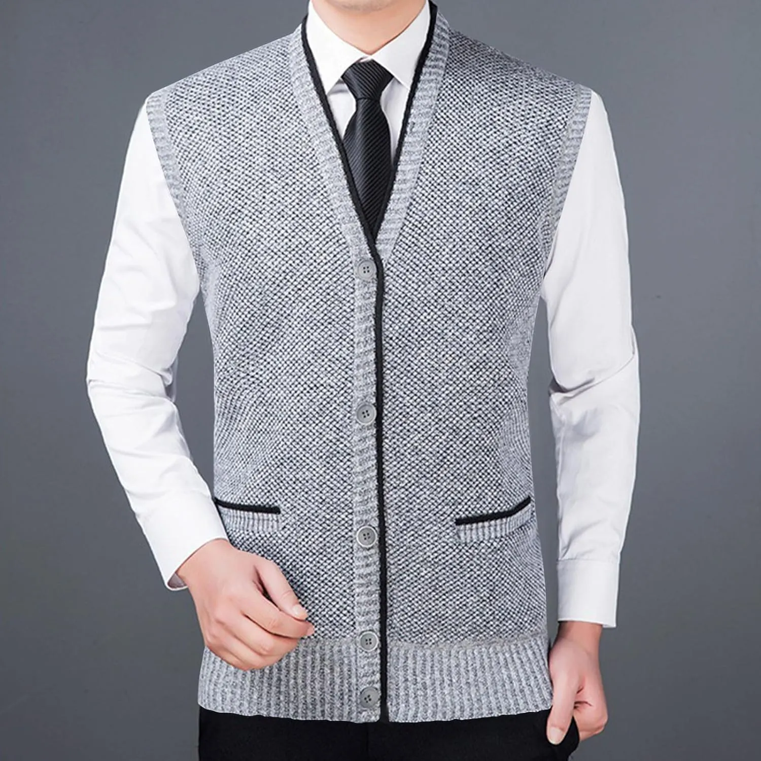 Men's Sweater Dress Suit Vest Formal Knit Waistcoat Vest Button V Neck Lightweight Slim Casual Business Dress Vest