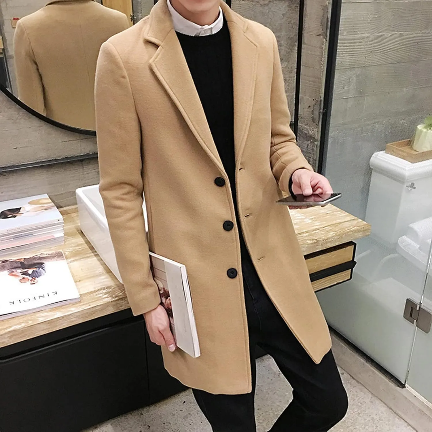 Mens Trench Coat Slim Fit Notch Lapel Single Breasted Business Casual Long Peacoat Fall Winter Windproof Overcoat