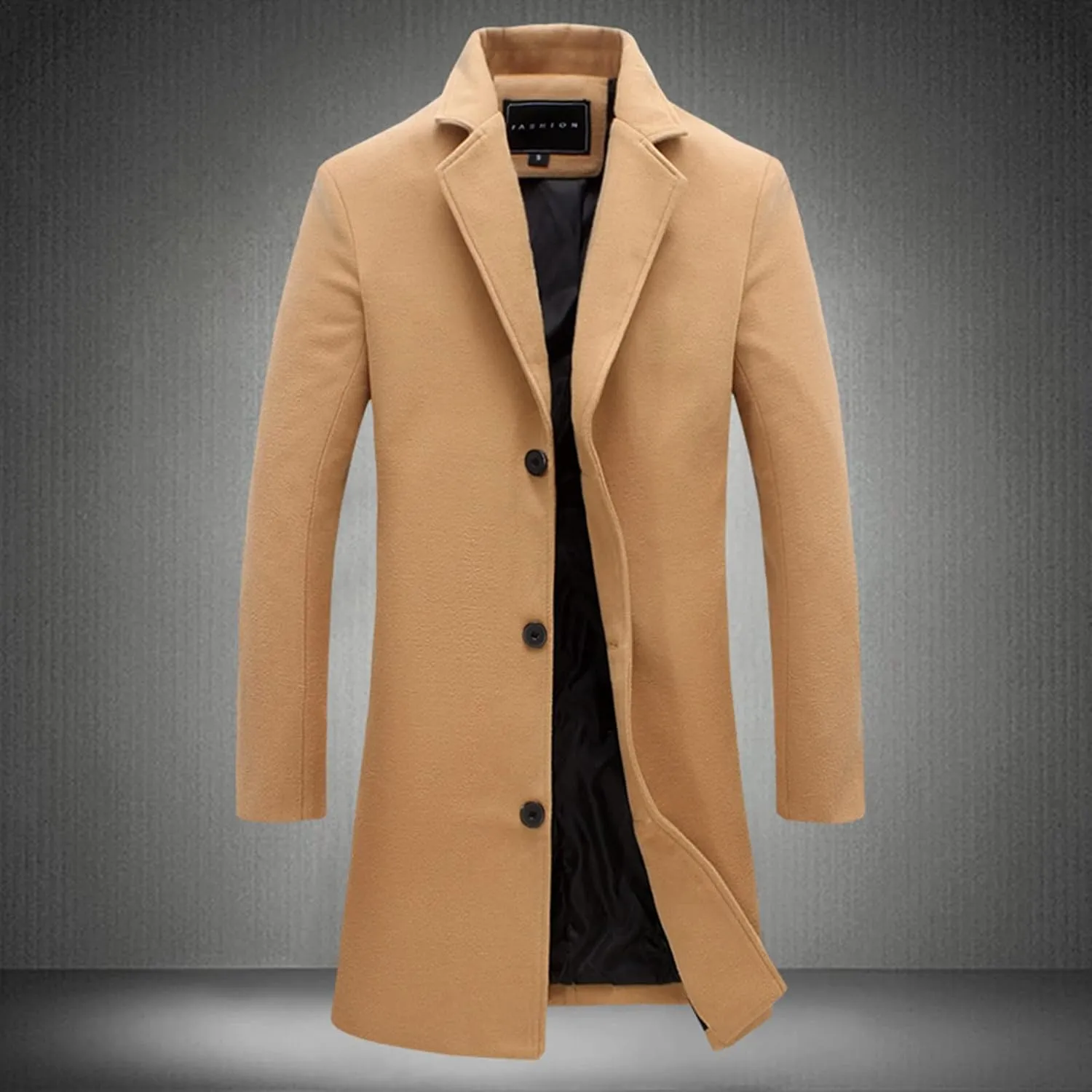 Mens Trench Coat Slim Fit Notch Lapel Single Breasted Business Casual Long Peacoat Fall Winter Windproof Overcoat