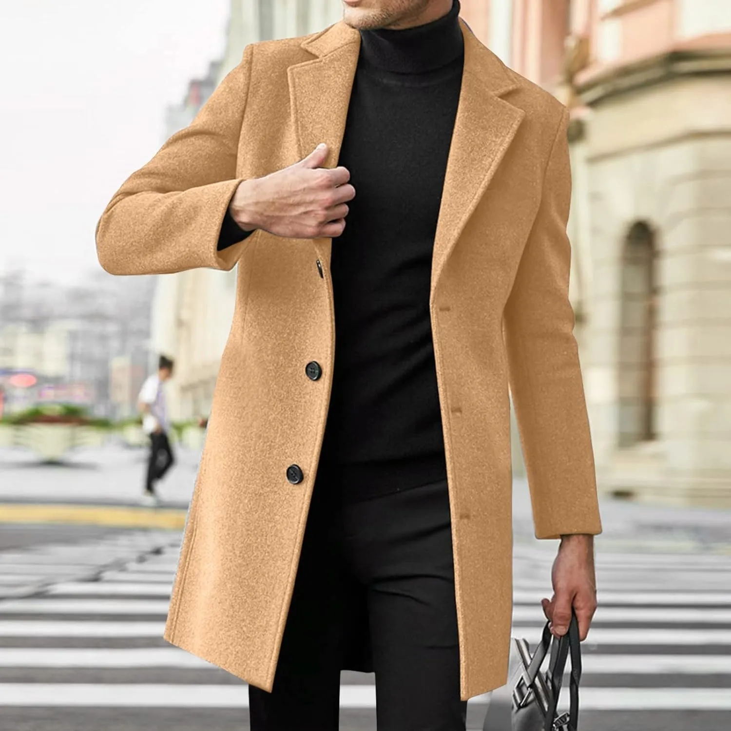 Mens Trench Coat Slim Fit Notch Lapel Single Breasted Business Casual Long Peacoat Fall Winter Windproof Overcoat