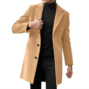 Mens Trench Coat Slim Fit Notch Lapel Single Breasted Business Casual Long Peacoat Fall Winter Windproof Overcoat