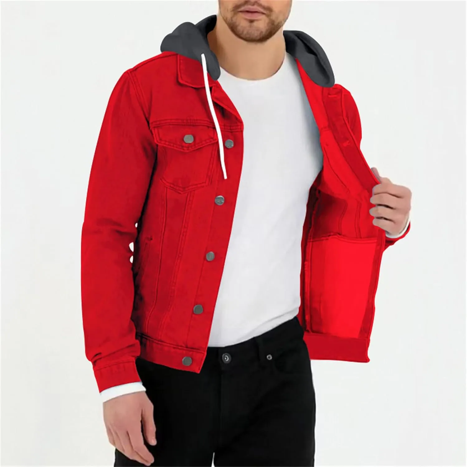 Mens Trendy Working Hoodies Jackets Zipper Long Sleeves Lapel Distressed Jean Coats Casual Fit Multi-Pocket Tops