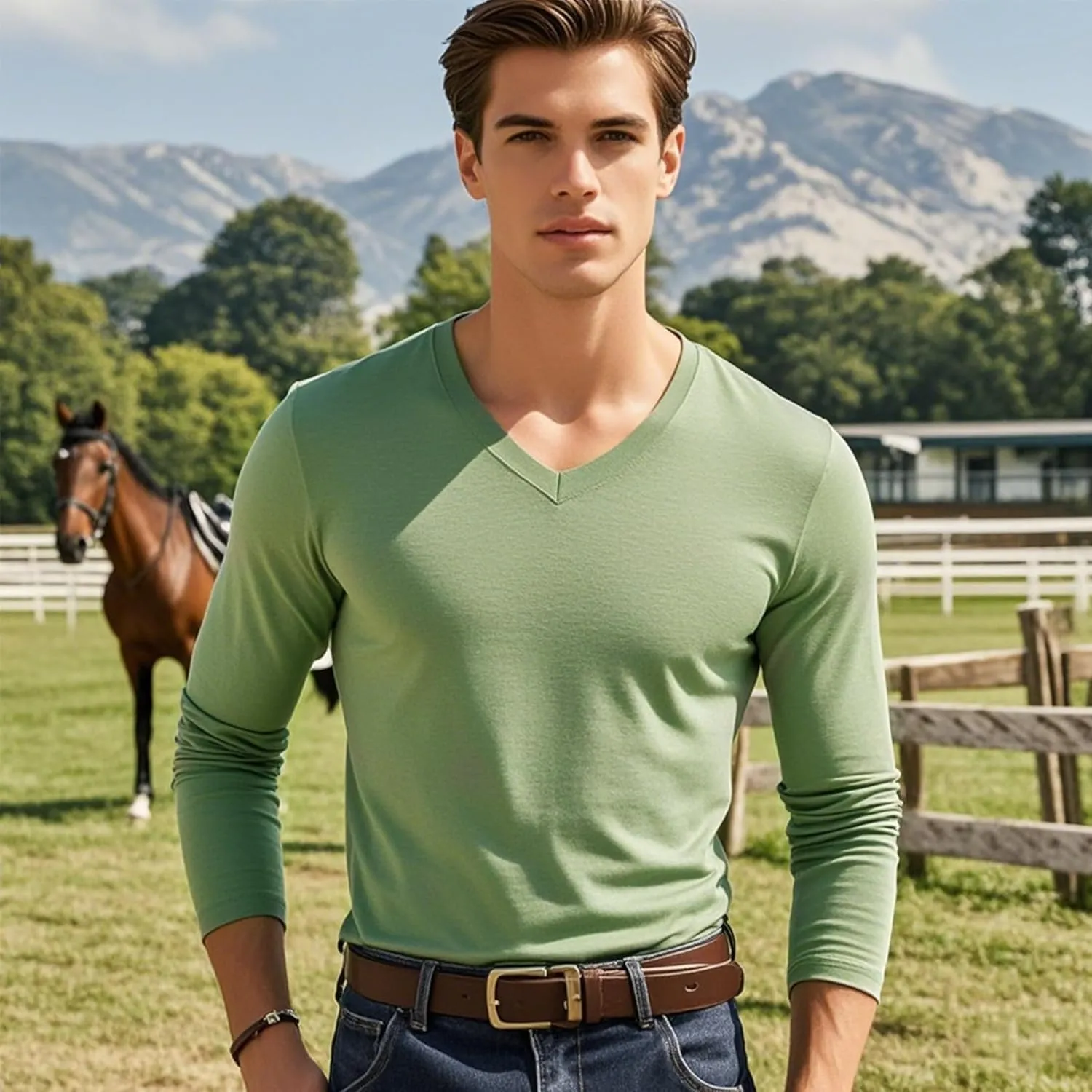 Men's V-Neck T-Shirt Long Sleeve - Cotton Blend Tee Undershirt, Soft Pajamas Top,Casual V-Neck T-Shirts for 2025