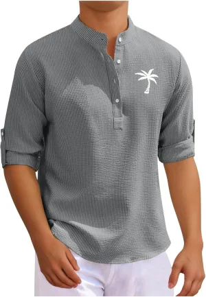 Men's Waffle Henley Shirt Trendy 3/4 Sleeve Camp Collar Dress Formal T-Shirts Hipster Summer Palm Beach Hippie Shirts