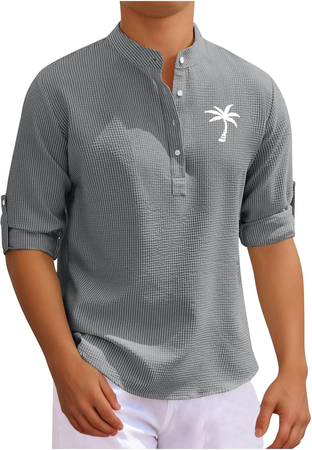 Men's Waffle Henley Shirt Trendy 3/4 Sleeve Camp Collar Dress Formal T-Shirts Hipster Summer Palm Beach Hippie Shirts
