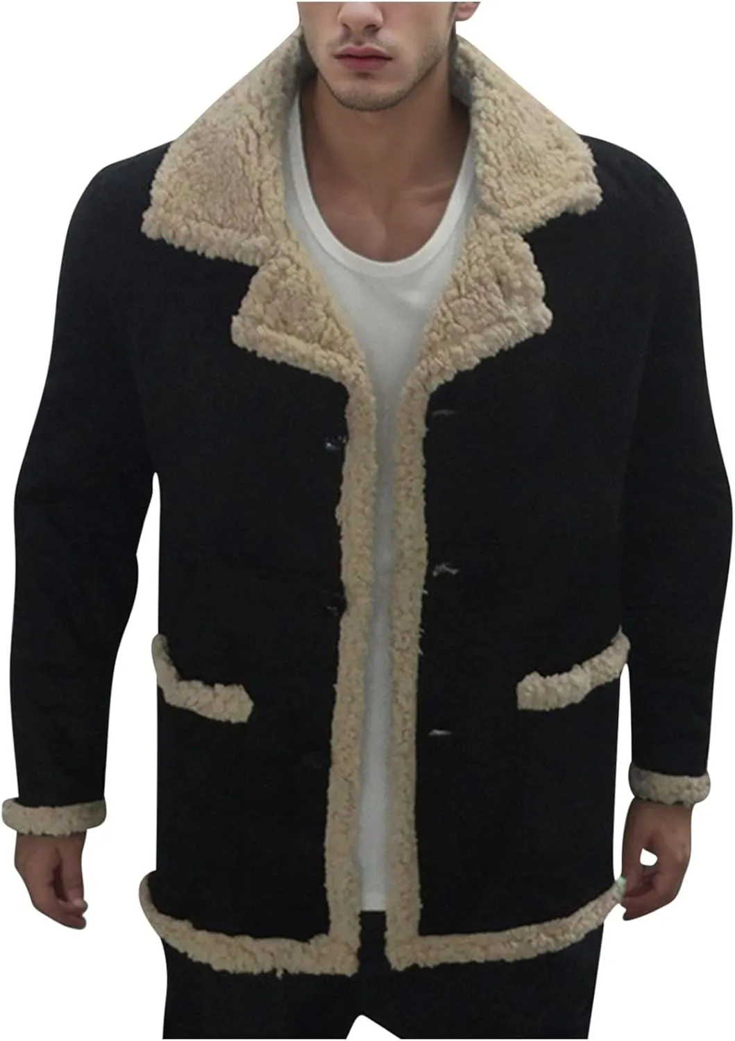 Men's Winter Jacket Fleece Lined Sherpa Jacket Warm Trucker Coat Thicken Overcoat Fashion Bomber Jacket Pea Coat