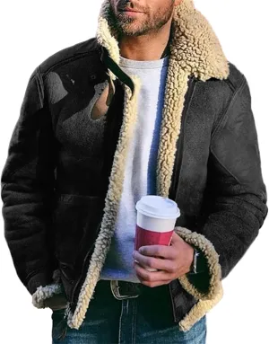 Mens Winter Warm Suede Fleece Sherpa Lined Bomber Coat Casual Lapel Full Zip Outerwear with Pockets
