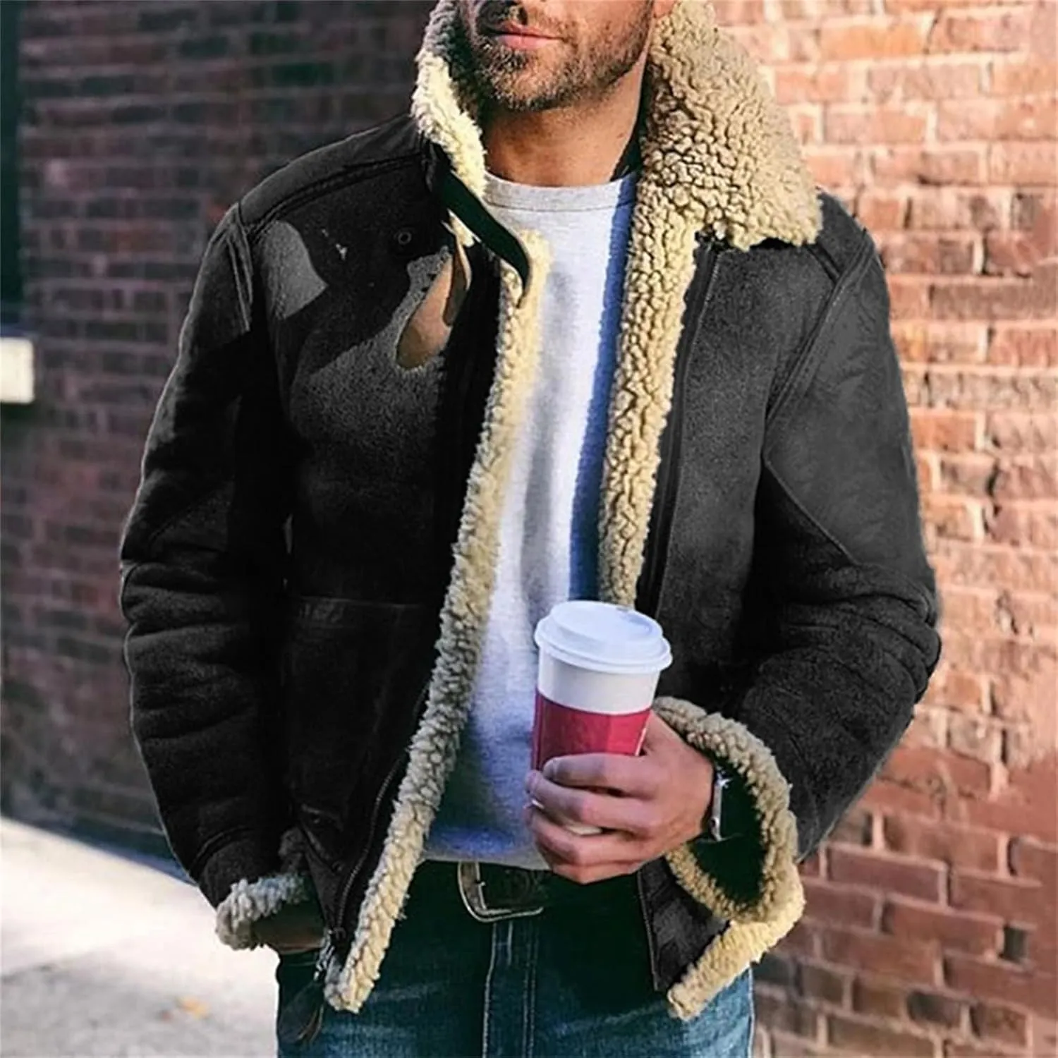 Mens Winter Warm Suede Fleece Sherpa Lined Bomber Coat Casual Lapel Full Zip Outerwear with Pockets