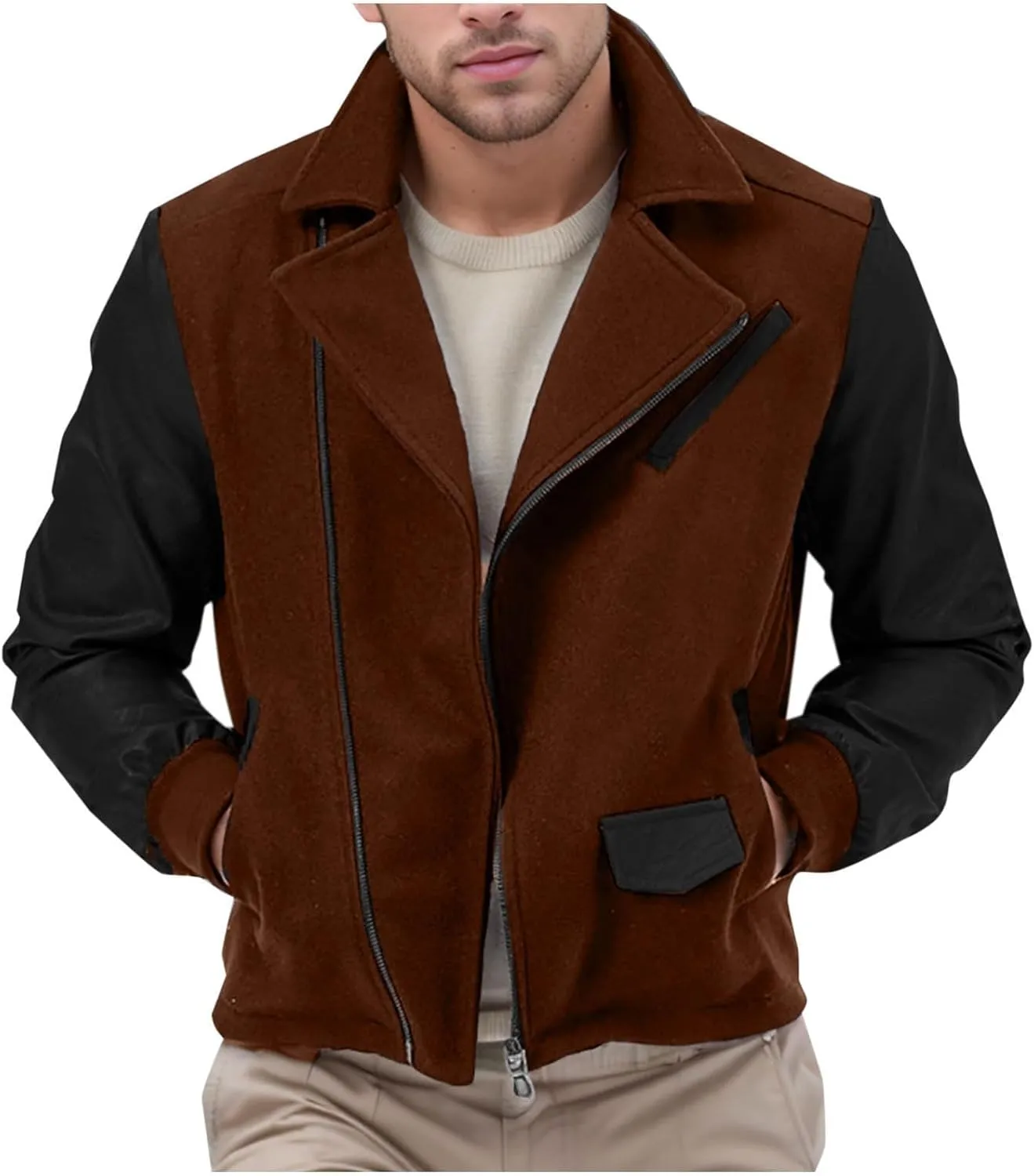 Mens Wool Blend Faux Suede Jacket Slim Fit Zip Up Casual PU Leather Patchwork Motorcycle Biker Coat for Fall Winter