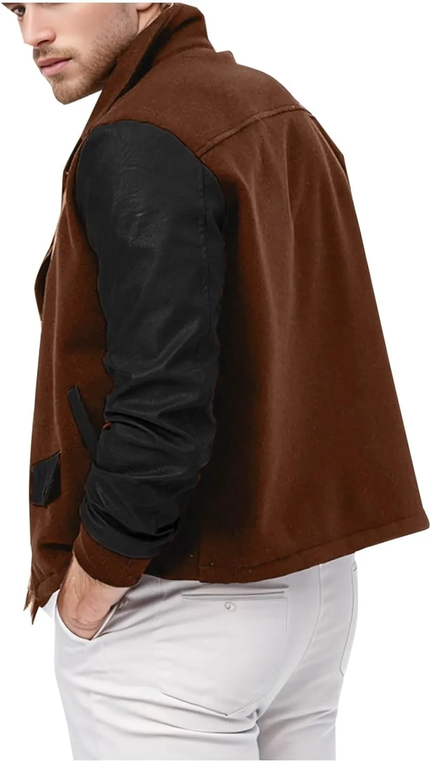 Mens Wool Blend Faux Suede Jacket Slim Fit Zip Up Casual PU Leather Patchwork Motorcycle Biker Coat for Fall Winter