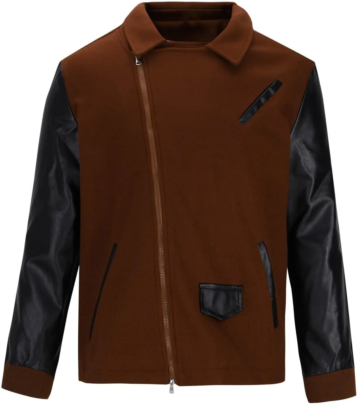 Mens Wool Blend Faux Suede Jacket Slim Fit Zip Up Casual PU Leather Patchwork Motorcycle Biker Coat for Fall Winter