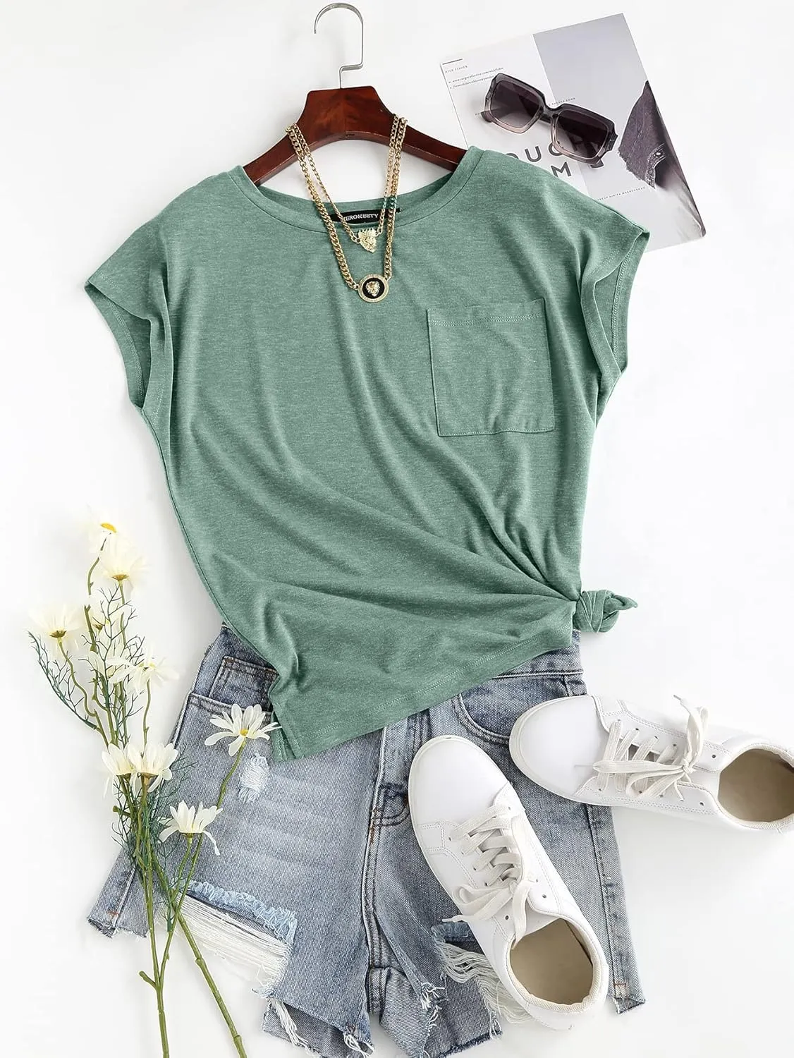 MEROKEETY Women's Casual Cap Sleeve T Shirts Basic Summer Tops Loose Solid Color Blouse