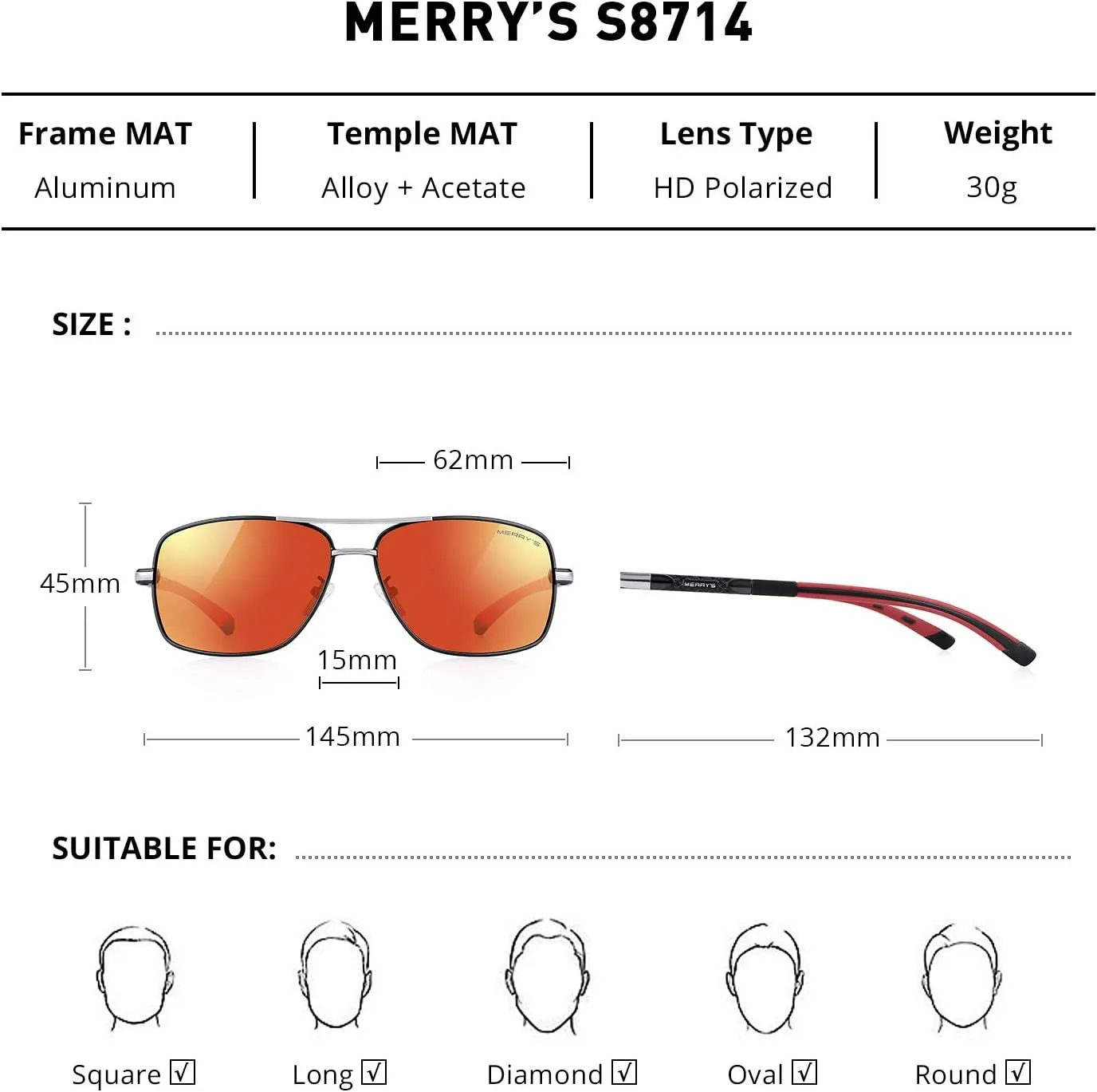 MERRY'S HOT Fashion Driving Polarized Sunglasses for Men Square 45mm glasses S8714