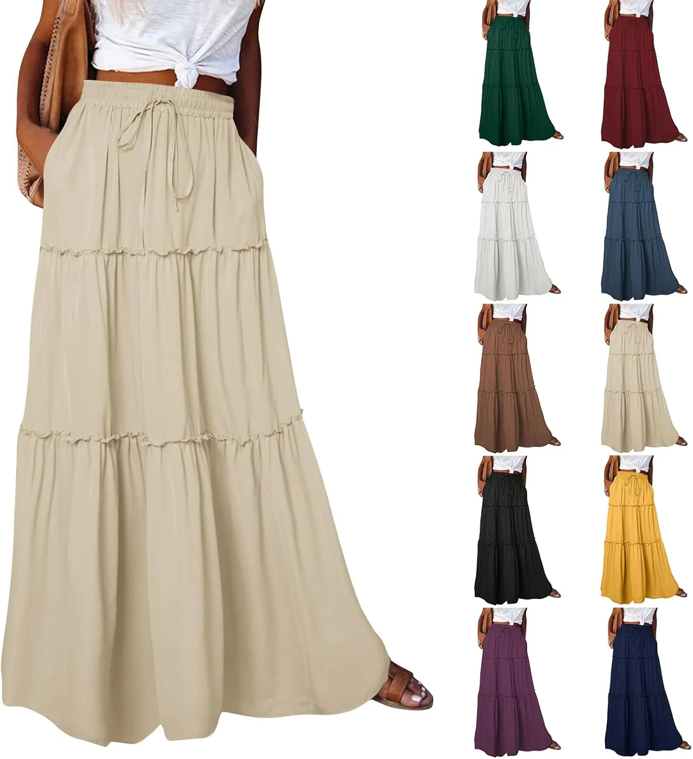 midelxp Flowy Maxi Skirts for Women Summer High Waisted Tiered Long Skirts Ladies Cute Lightweight Loose Beach Pleated Skirts