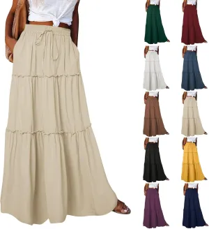 midelxp Flowy Maxi Skirts for Women Summer High Waisted Tiered Long Skirts Ladies Cute Lightweight Loose Beach Pleated Skirts