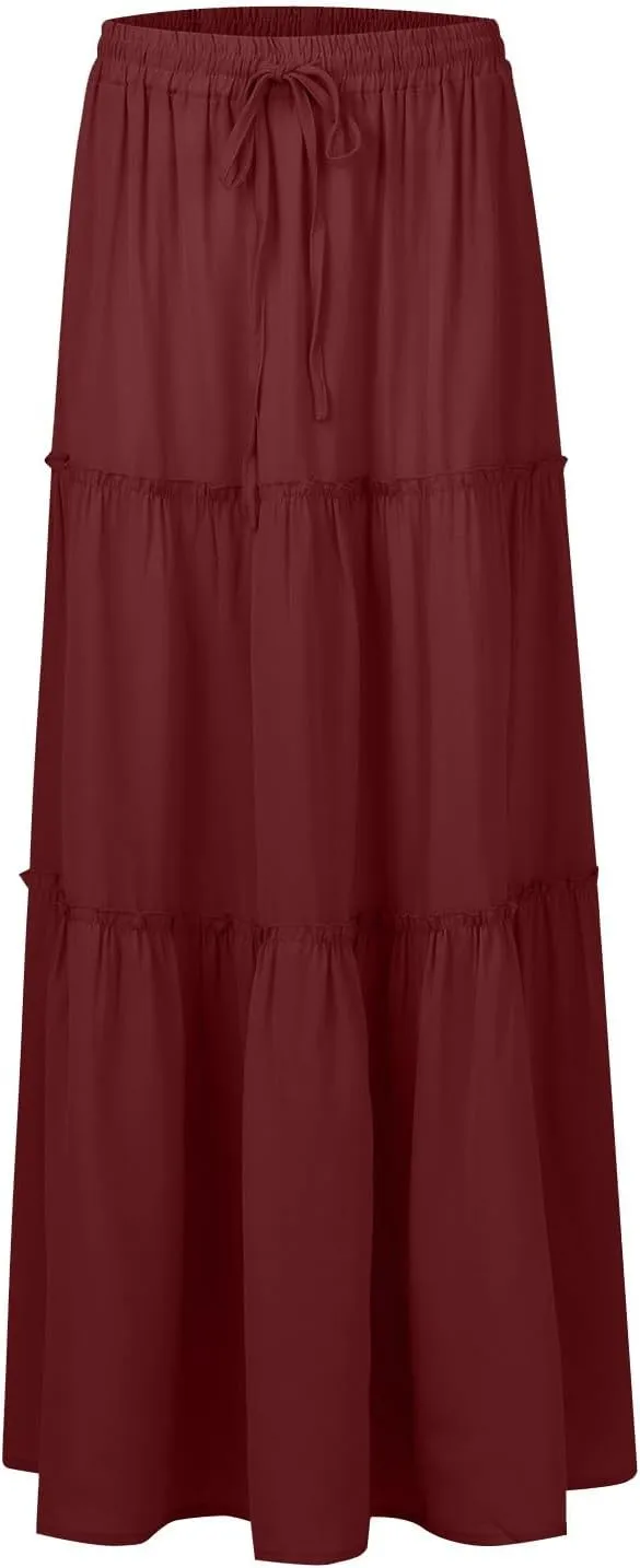 midelxp Pleated Maxi Skirts for Women Casual Ruffle Tiered Elastic High Waisted Skirts A-Line Flowy Long Skirt with Pockets