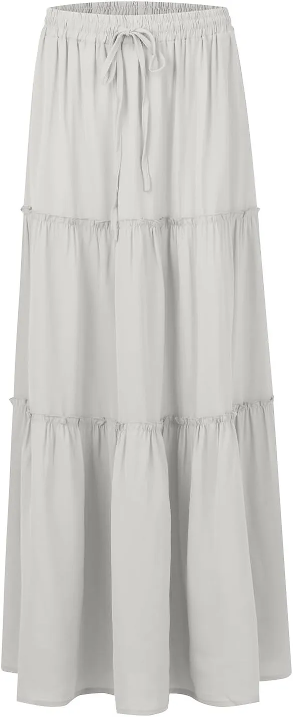 midelxp Pleated Maxi Skirts for Women Casual Ruffle Tiered Elastic High Waisted Skirts A-Line Flowy Long Skirt with Pockets