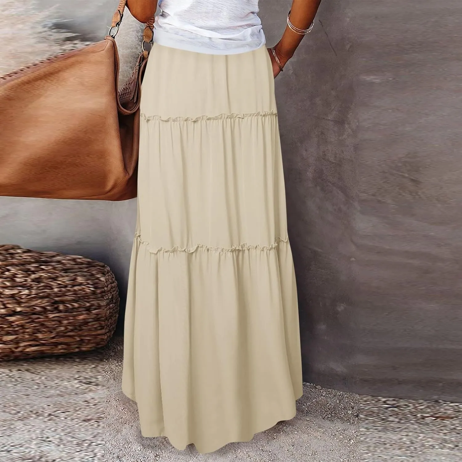 midelxp Pleated Maxi Skirts for Women Casual Ruffle Tiered Elastic High Waisted Skirts A-Line Flowy Long Skirt with Pockets