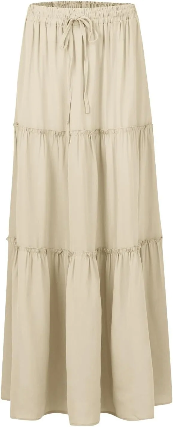 midelxp Pleated Maxi Skirts for Women Casual Ruffle Tiered Elastic High Waisted Skirts A-Line Flowy Long Skirt with Pockets