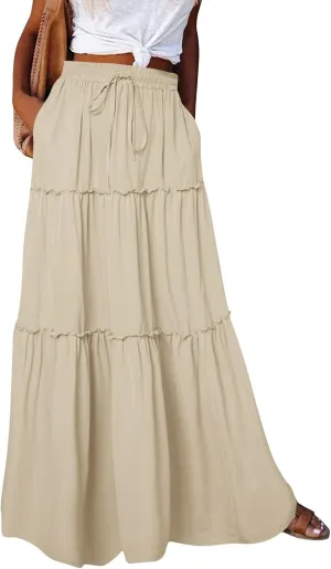 midelxp Pleated Maxi Skirts for Women Casual Ruffle Tiered Elastic High Waisted Skirts A-Line Flowy Long Skirt with Pockets