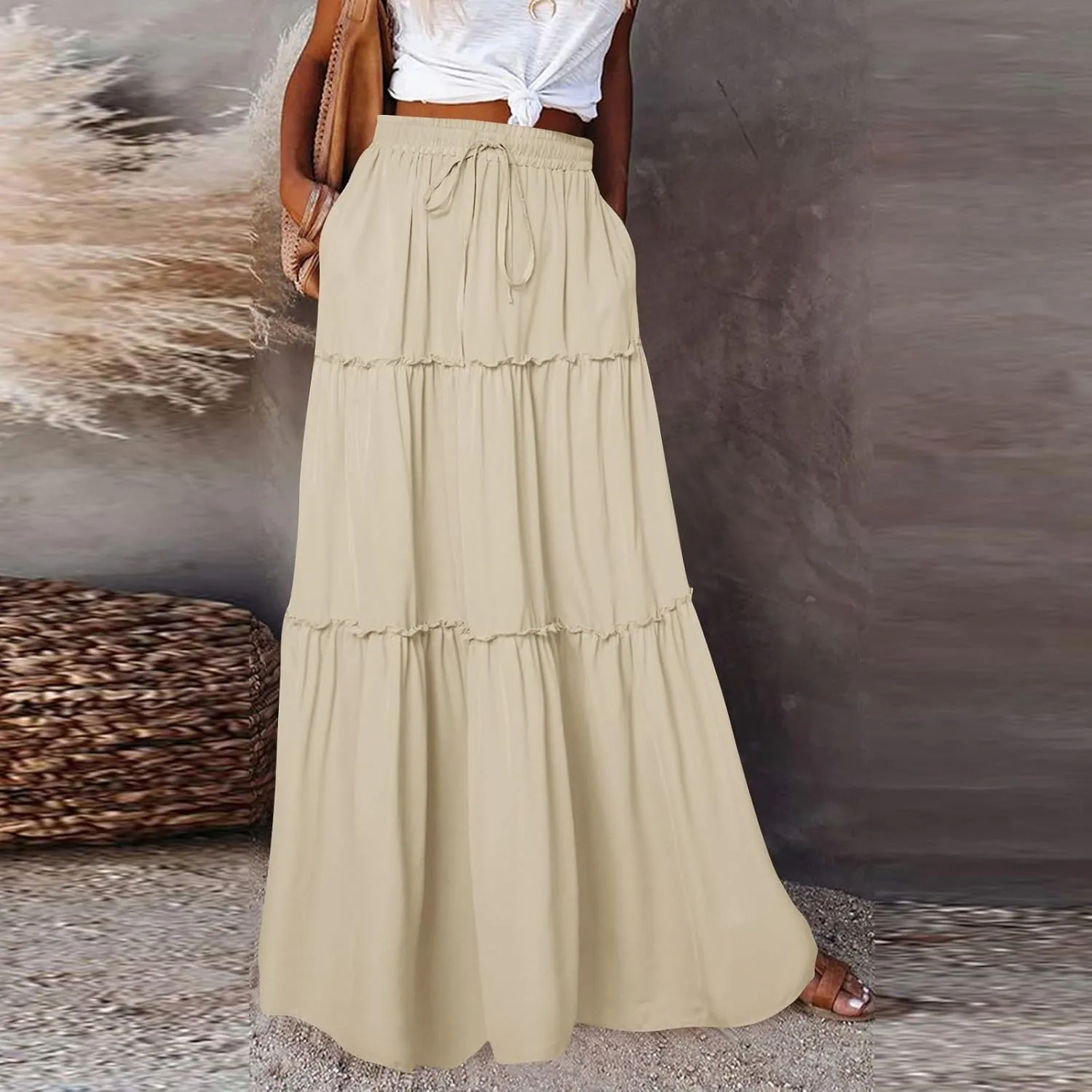 midelxp Pleated Maxi Skirts for Women Casual Ruffle Tiered Elastic High Waisted Skirts A-Line Flowy Long Skirt with Pockets