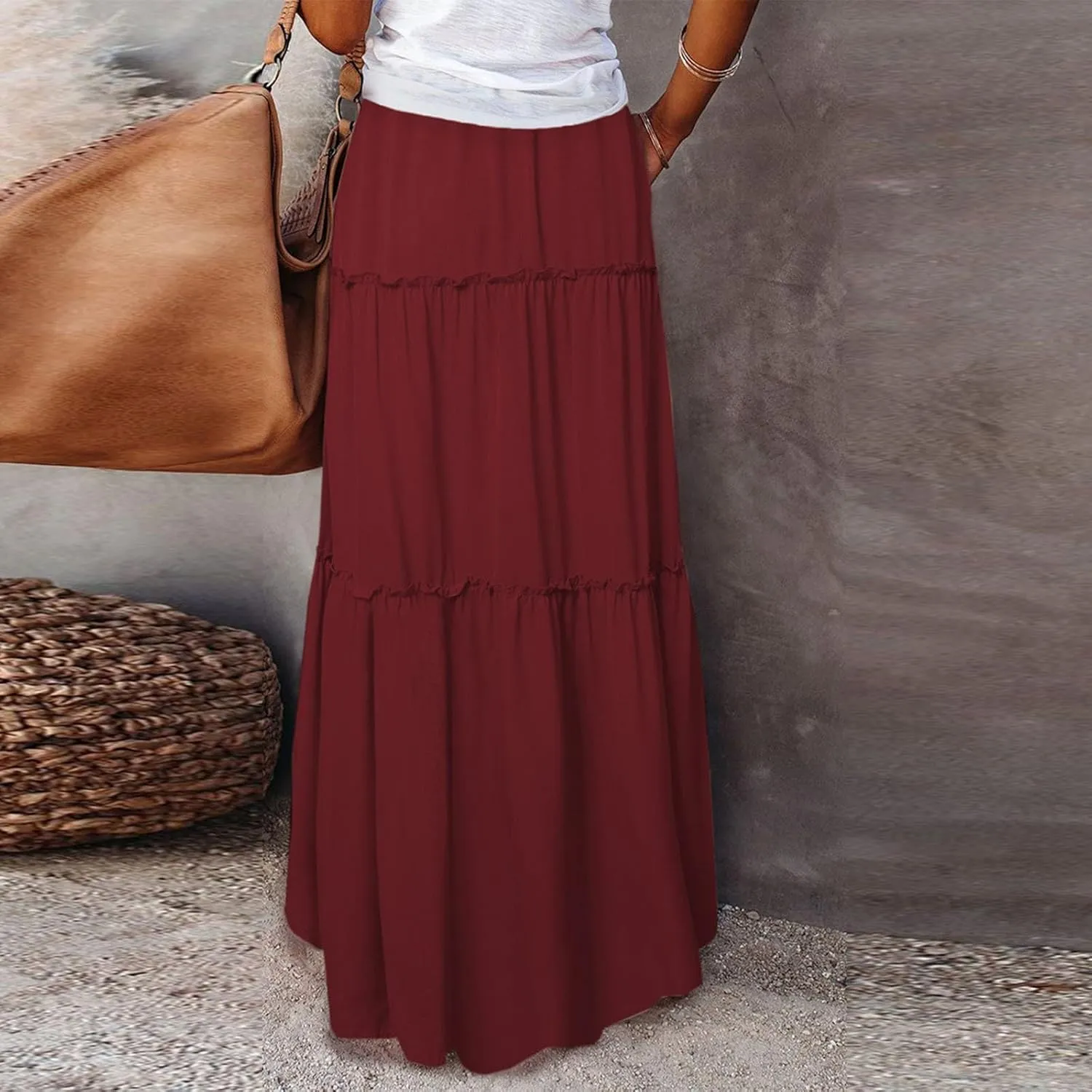 midelxp Pleated Maxi Skirts for Women Casual Ruffle Tiered Elastic High Waisted Skirts A-Line Flowy Long Skirt with Pockets