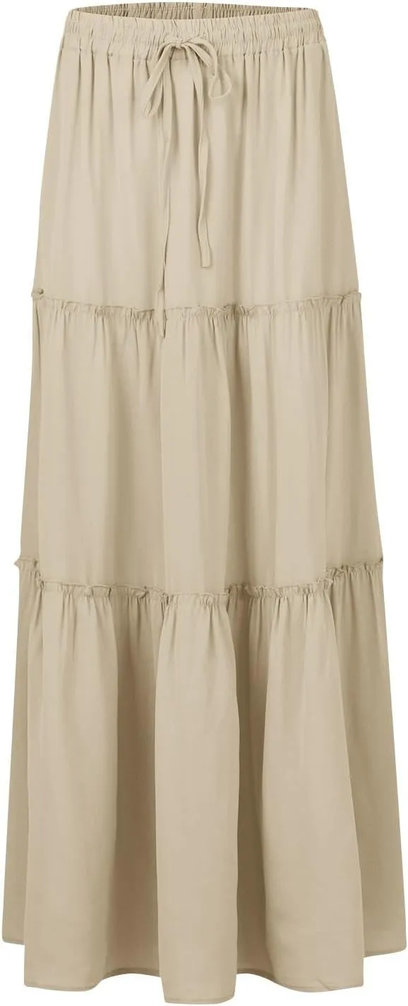 midelxp Pleated Maxi Skirts for Women Casual Ruffle Tiered Elastic High Waisted Skirts A-Line Flowy Long Skirt with Pockets