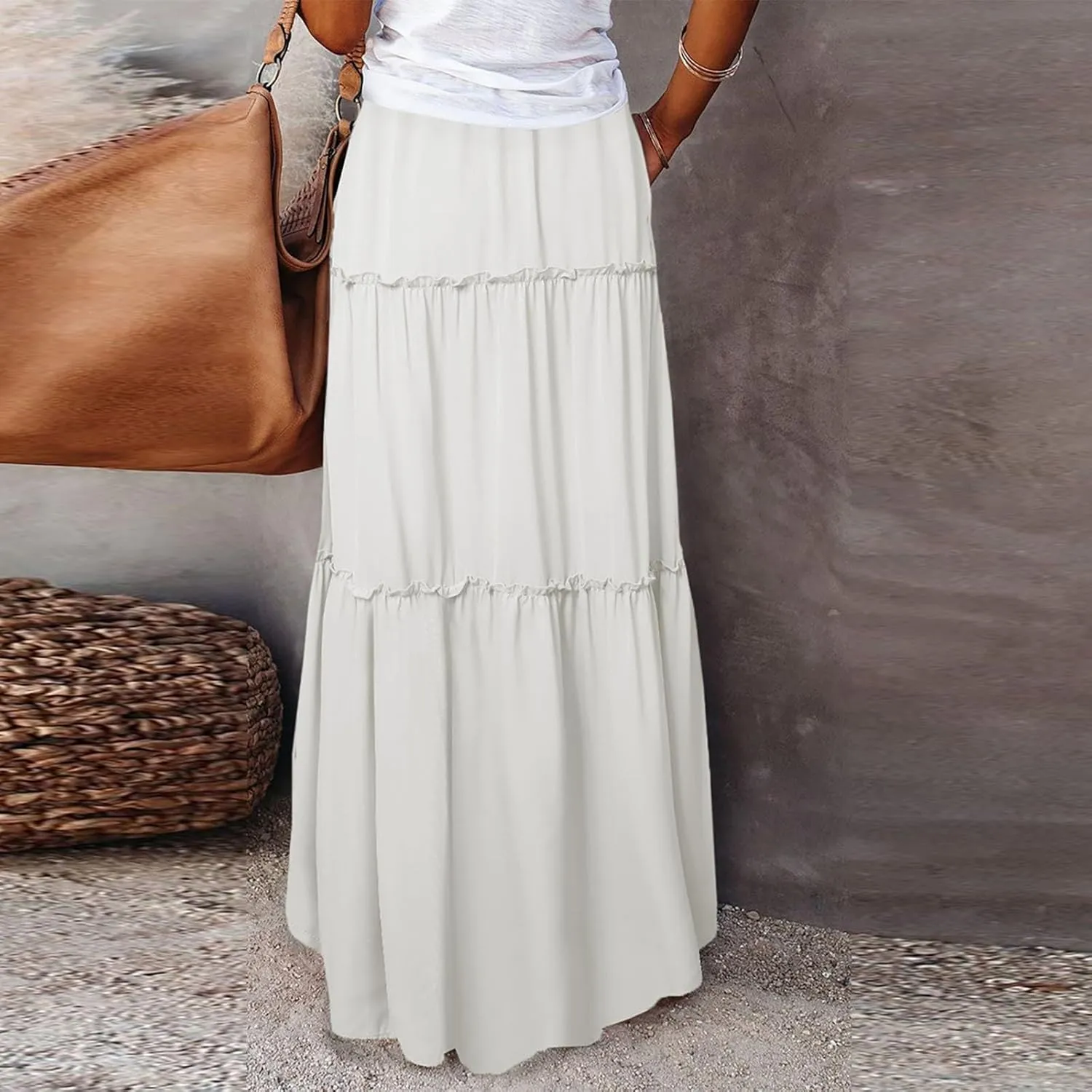 midelxp Pleated Maxi Skirts for Women Casual Ruffle Tiered Elastic High Waisted Skirts A-Line Flowy Long Skirt with Pockets