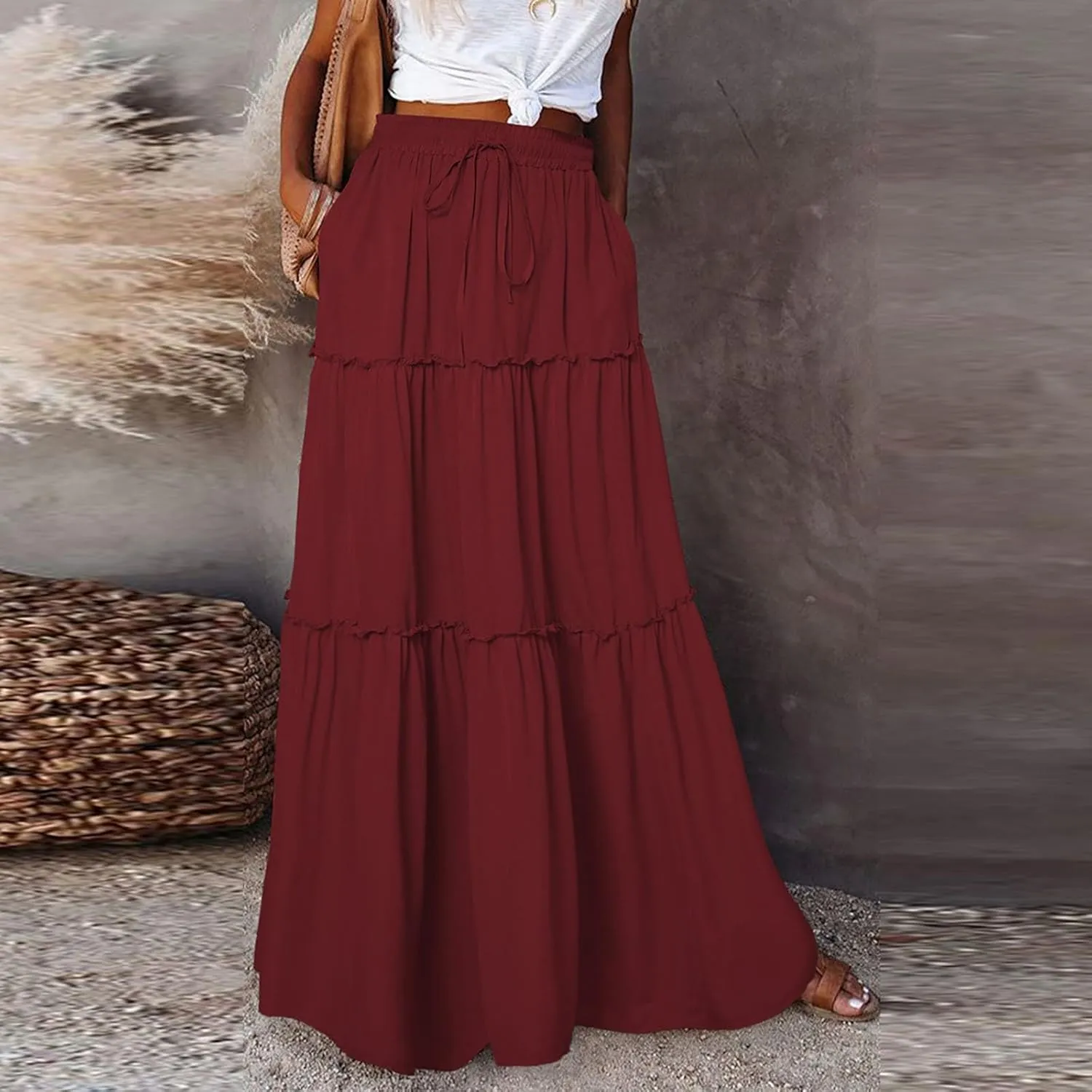midelxp Pleated Maxi Skirts for Women Casual Ruffle Tiered Elastic High Waisted Skirts A-Line Flowy Long Skirt with Pockets