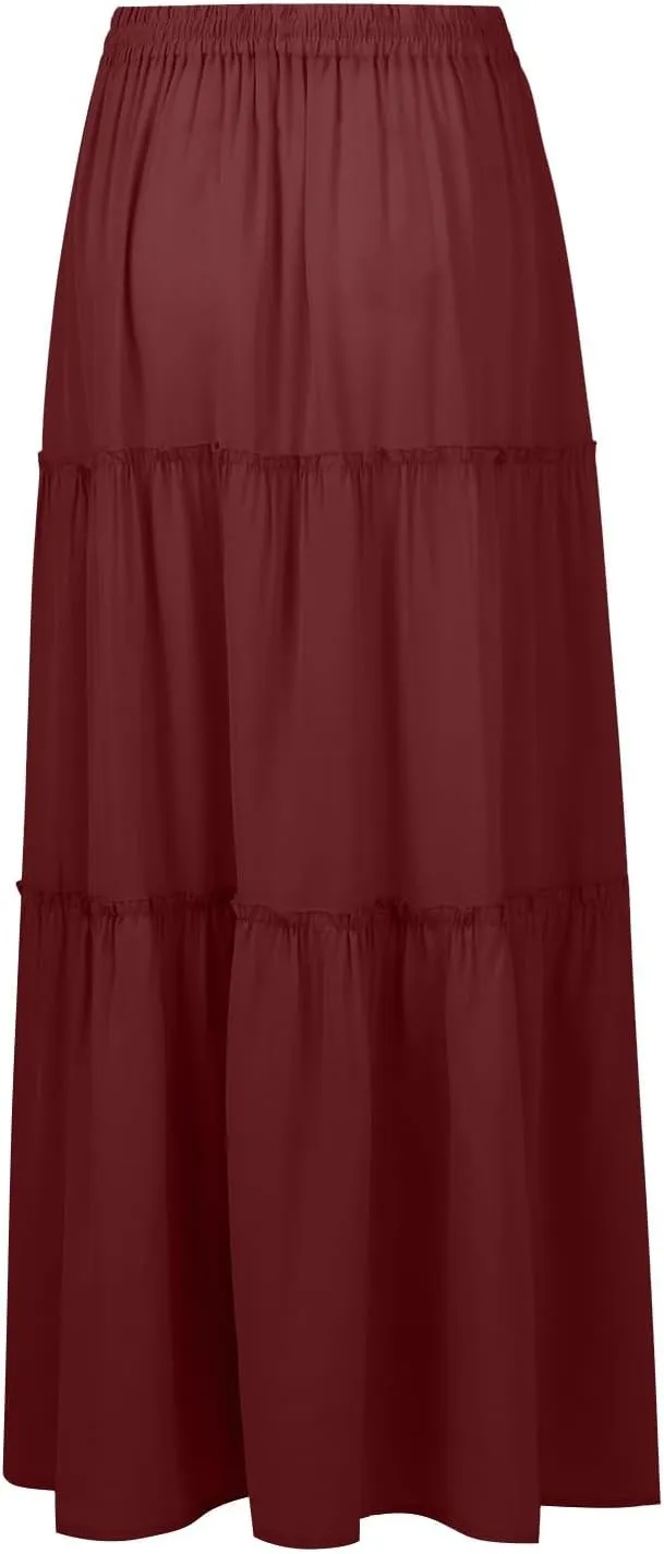 midelxp Pleated Maxi Skirts for Women Casual Ruffle Tiered Elastic High Waisted Skirts A-Line Flowy Long Skirt with Pockets