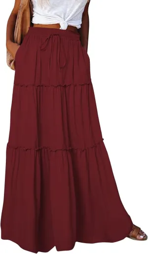 midelxp Pleated Maxi Skirts for Women Casual Ruffle Tiered Elastic High Waisted Skirts A-Line Flowy Long Skirt with Pockets