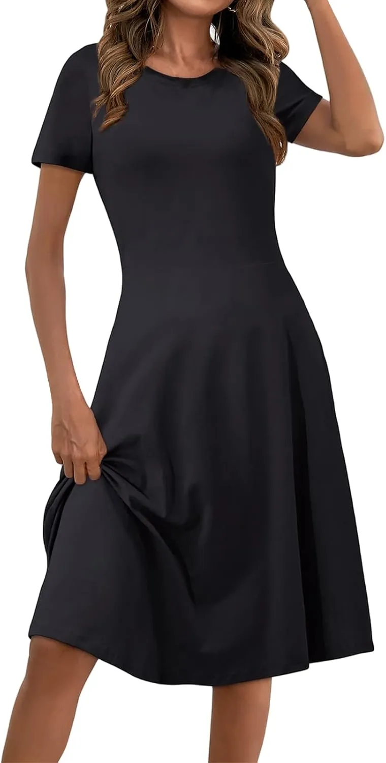 Midi Dresses for Women Casual Sundresses Short Sleeve Crewneck Summer Dress Empire Waist A-Line Dresses 2025