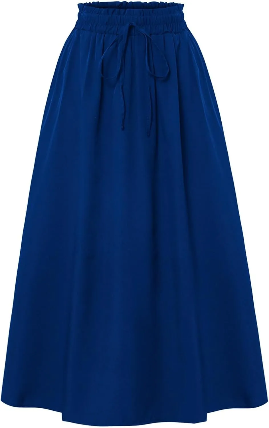 Midi Linen Skirts for Women Summer Drawstring Elastic High Waist Ruffle A-Line Casual Knee Length Skirts with Pockets