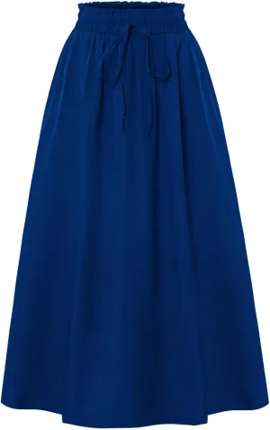 Midi Linen Skirts for Women Summer Drawstring Elastic High Waist Ruffle A-Line Casual Knee Length Skirts with Pockets