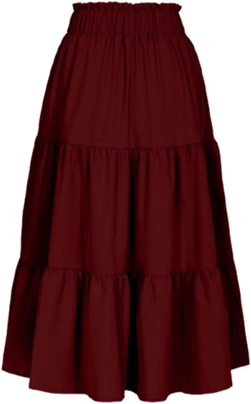 Midi Skirts for Women Trendy Casual Flowy A Line Elastic Tie Waist Tiered Ruffle Pleated Swing Boho Long Skirt Dress