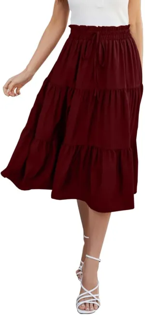 Midi Skirts for Women Trendy Casual Flowy A Line Elastic Tie Waist Tiered Ruffle Pleated Swing Boho Long Skirt Dress