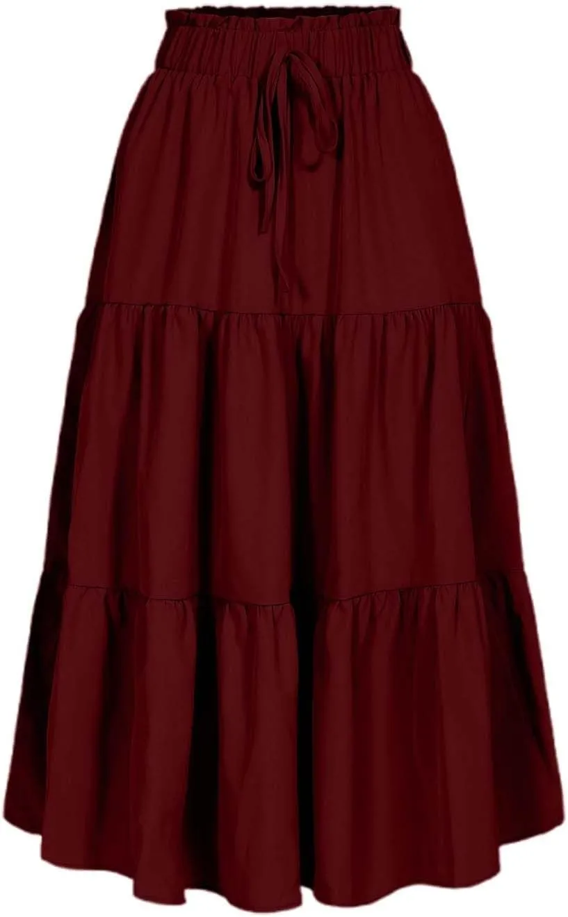 Midi Skirts for Women Trendy Casual Flowy A Line Elastic Tie Waist Tiered Ruffle Pleated Swing Boho Long Skirt Dress
