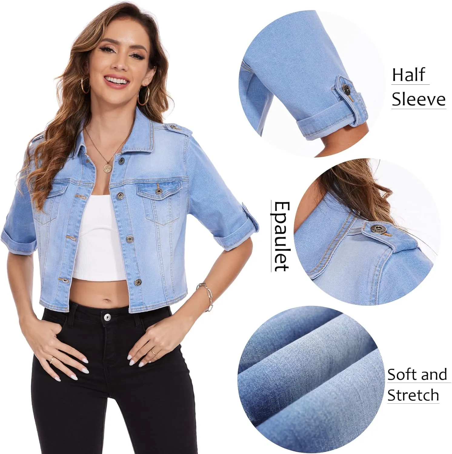 MISS MOLY 2024 Jean Jackets For Women Stretch Cropped Half Sleeve Classic Denim Jackets Causal Summer Outerwear