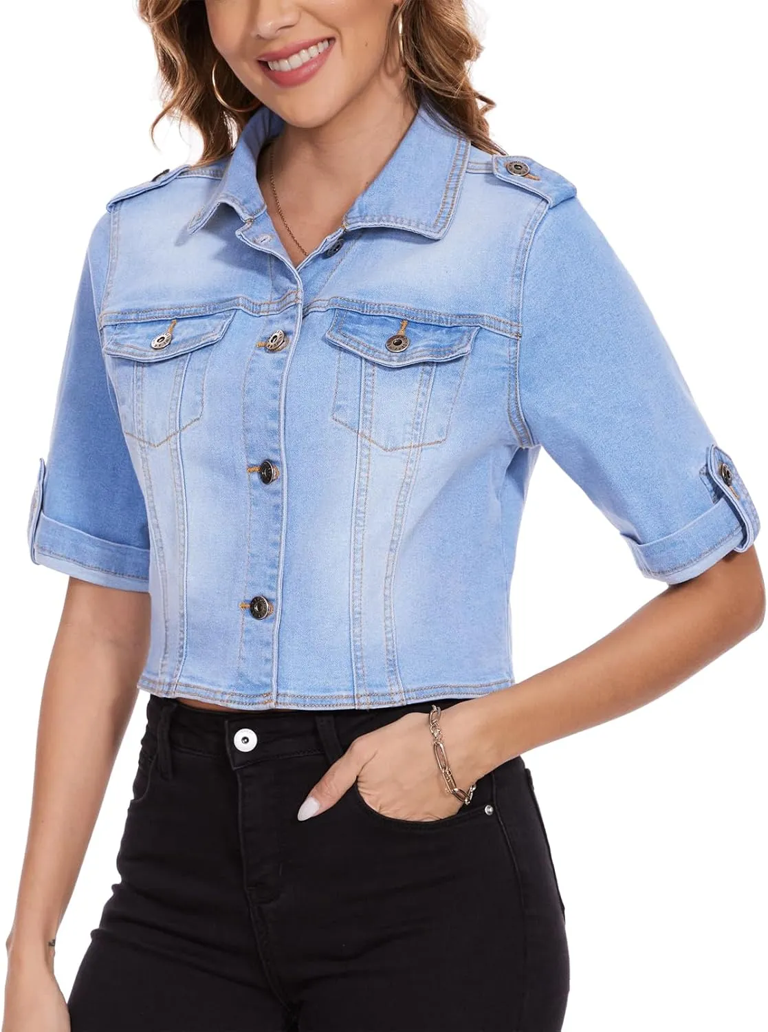 MISS MOLY 2024 Jean Jackets For Women Stretch Cropped Half Sleeve Classic Denim Jackets Causal Summer Outerwear