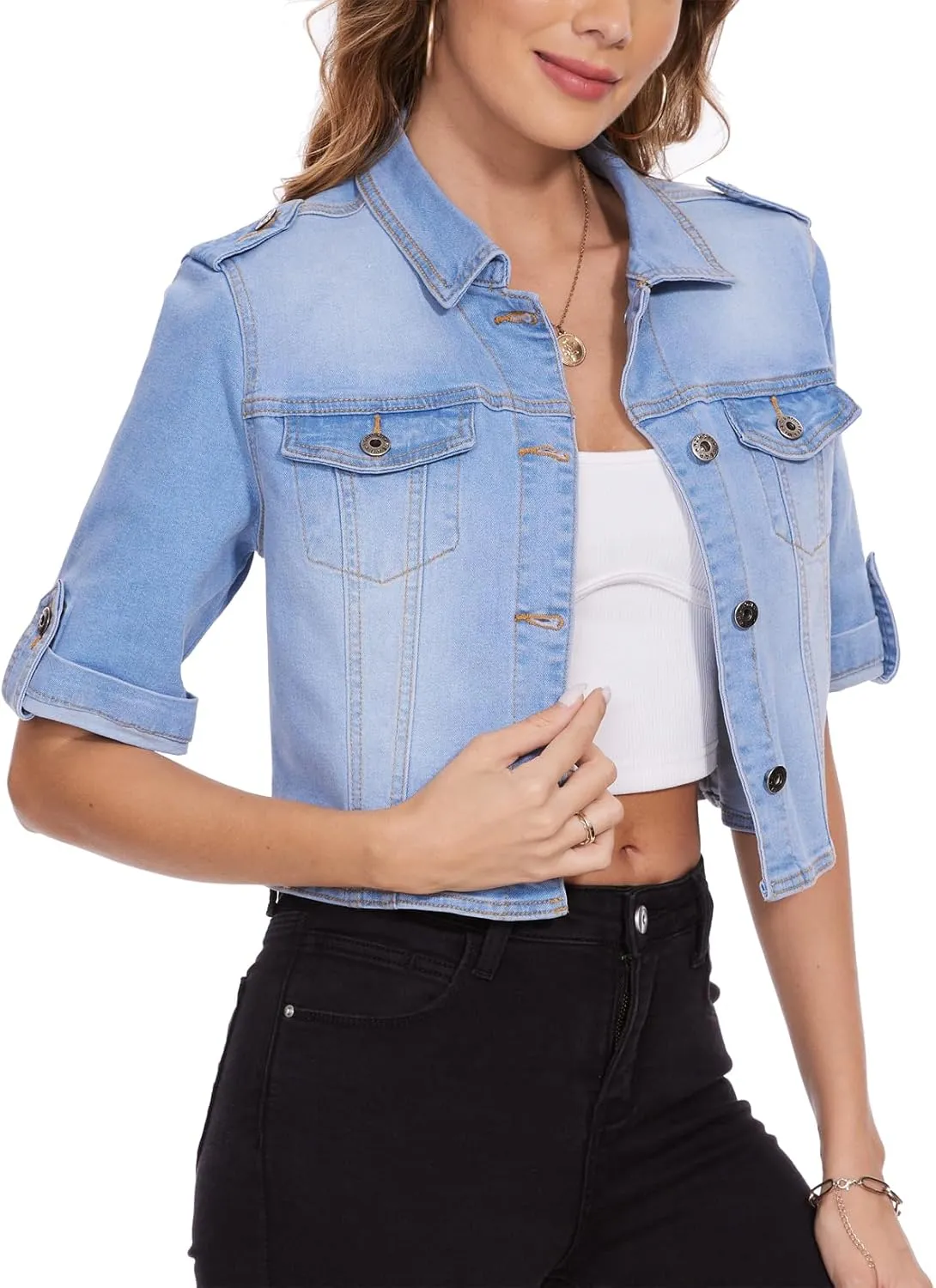 MISS MOLY 2024 Jean Jackets For Women Stretch Cropped Half Sleeve Classic Denim Jackets Causal Summer Outerwear