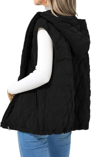 Mmoneyake Fall Vest for Women 2024 Casual Sleeveless Hooded Zip Up Jacket Quilted Puffer Down Jacket Winter Coat Outerwear