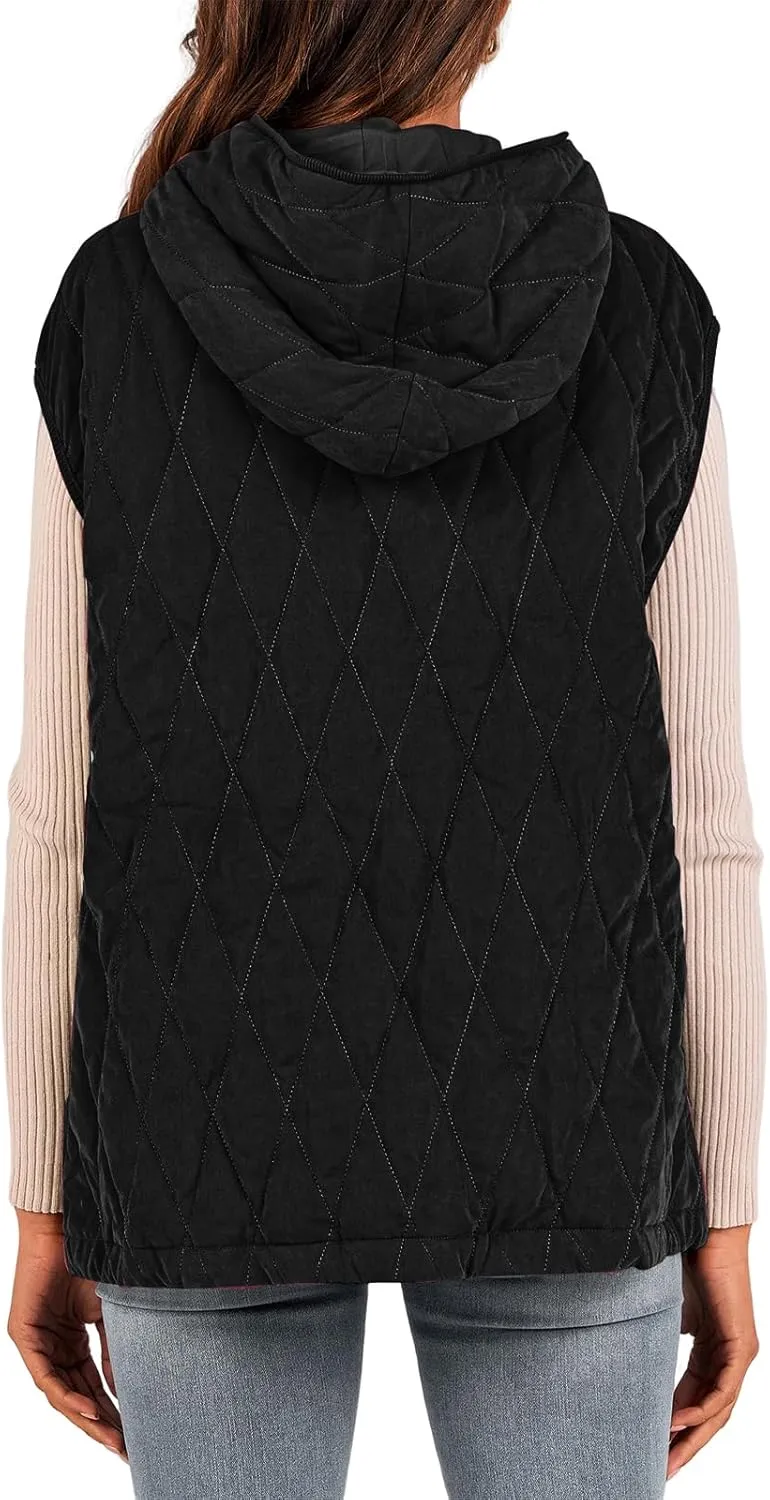 Mmoneyake Fall Vest for Women 2024 Casual Sleeveless Hooded Zip Up Jacket Quilted Puffer Down Jacket Winter Coat Outerwear