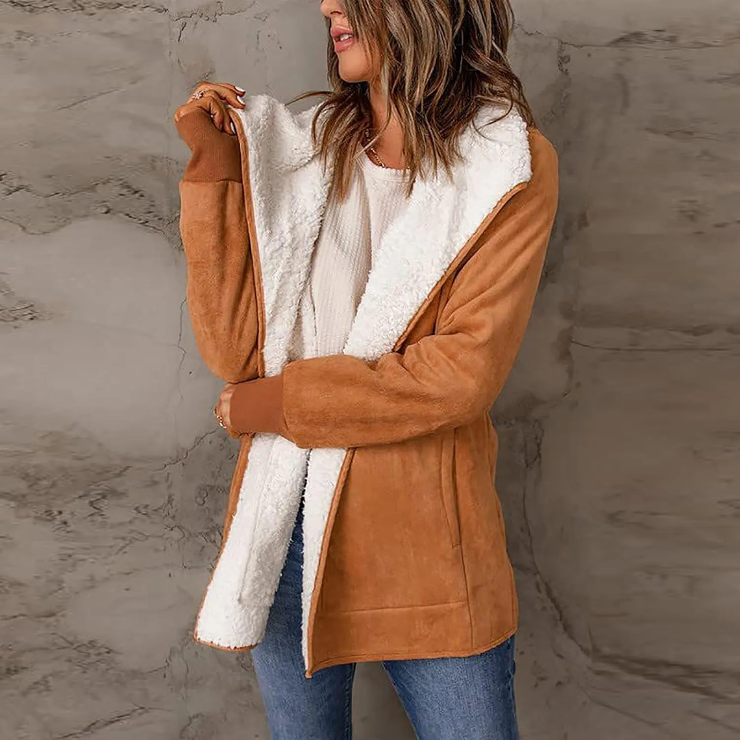 NATHGAM women Sherpa Lined Coat Outwear Winter Thick Warm bomber Jacket fashion lapel Faux Suede Leather Biker Motor Overcoat