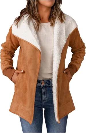 NATHGAM women Sherpa Lined Coat Outwear Winter Thick Warm bomber Jacket fashion lapel Faux Suede Leather Biker Motor Overcoat