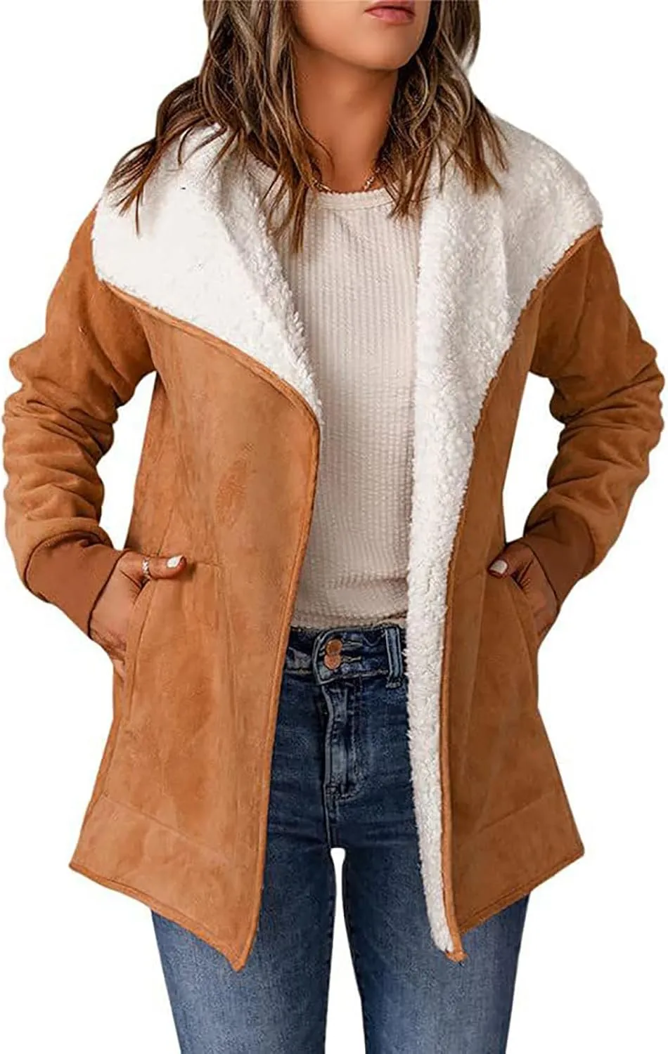NATHGAM women Sherpa Lined Coat Outwear Winter Thick Warm bomber Jacket fashion lapel Faux Suede Leather Biker Motor Overcoat