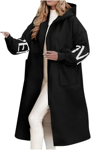 NATHGAM Women Wool Long Trench Coat Casual Oversized Zip Up Knitted Sleeve Hooded Sweatshirts Wool Blend Overcoat with Pocket