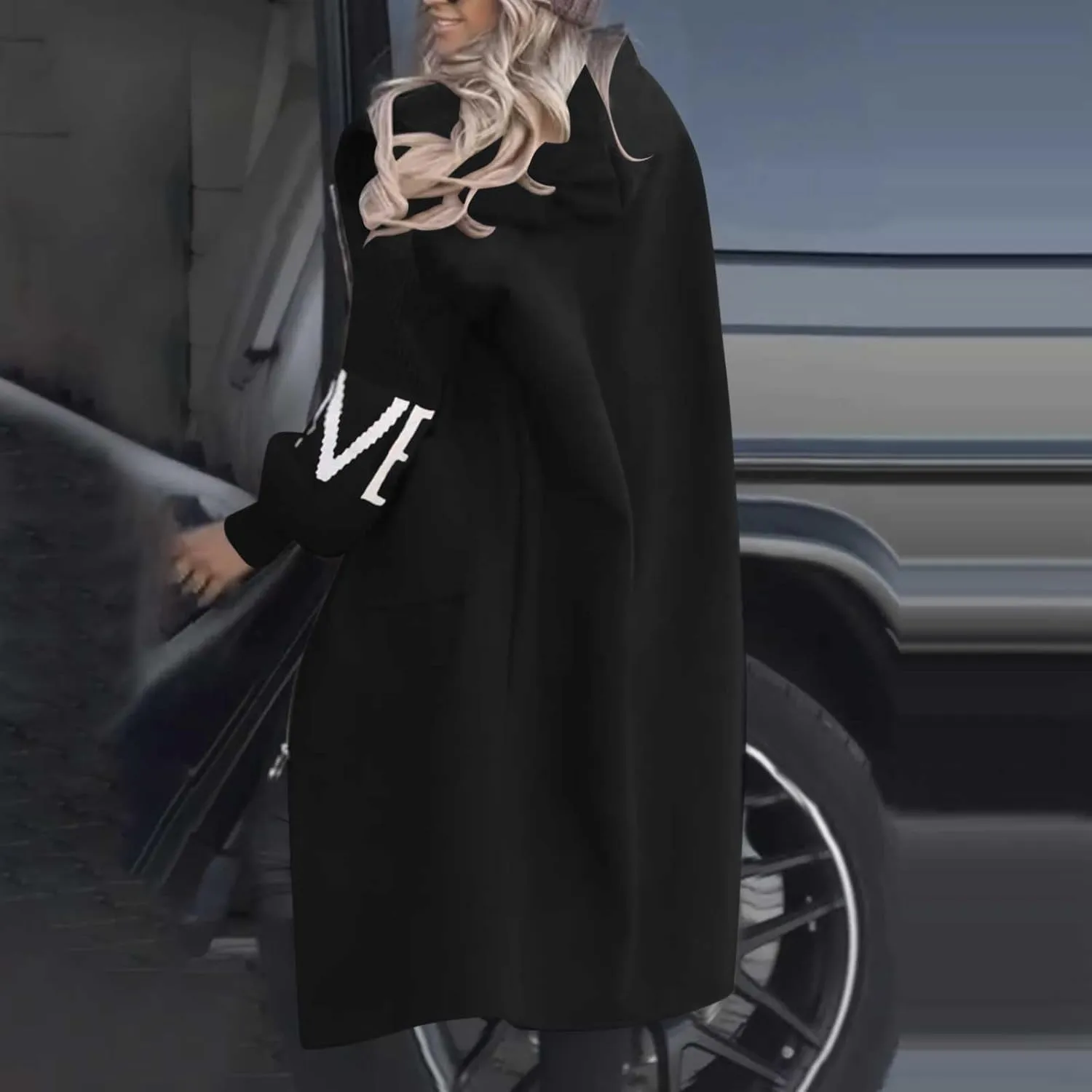 NATHGAM Women Wool Long Trench Coat Casual Oversized Zip Up Knitted Sleeve Hooded Sweatshirts Wool Blend Overcoat with Pocket