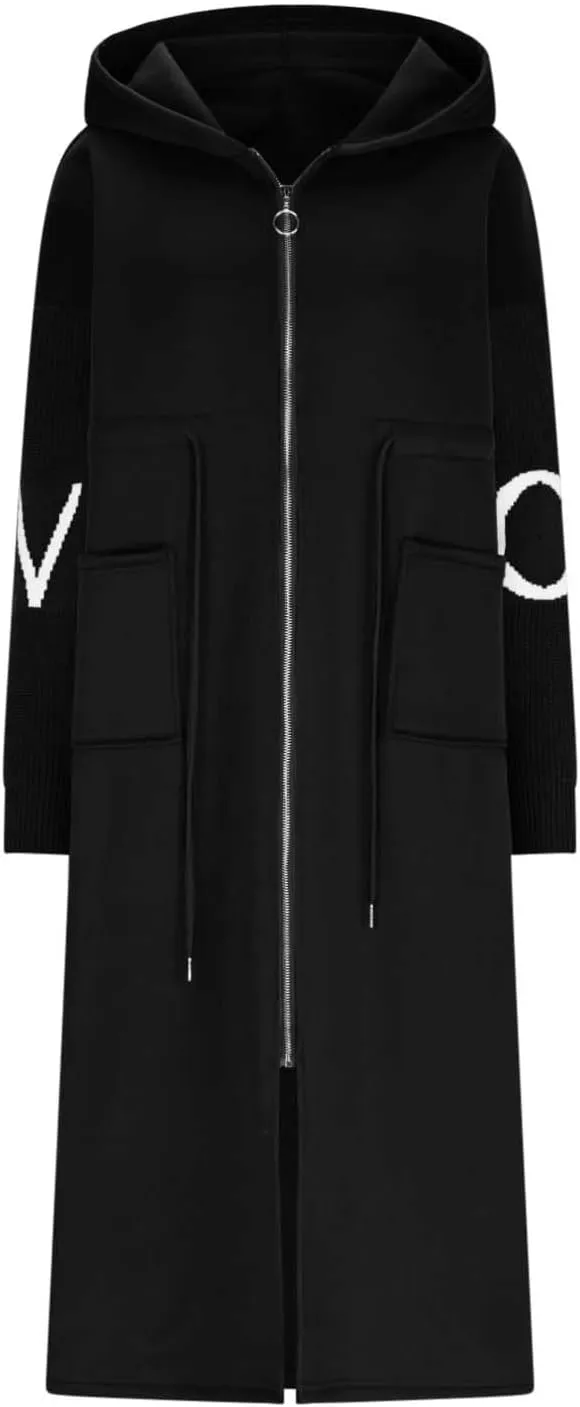 NATHGAM Women Wool Long Trench Coat Casual Oversized Zip Up Knitted Sleeve Hooded Sweatshirts Wool Blend Overcoat with Pocket